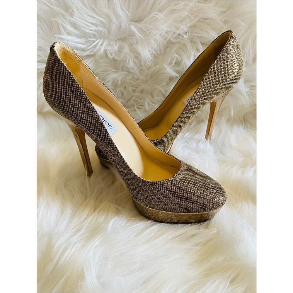 Jimmy Choo Gold Glitter Fabric And Embossed Leather Eros Platform Pumps